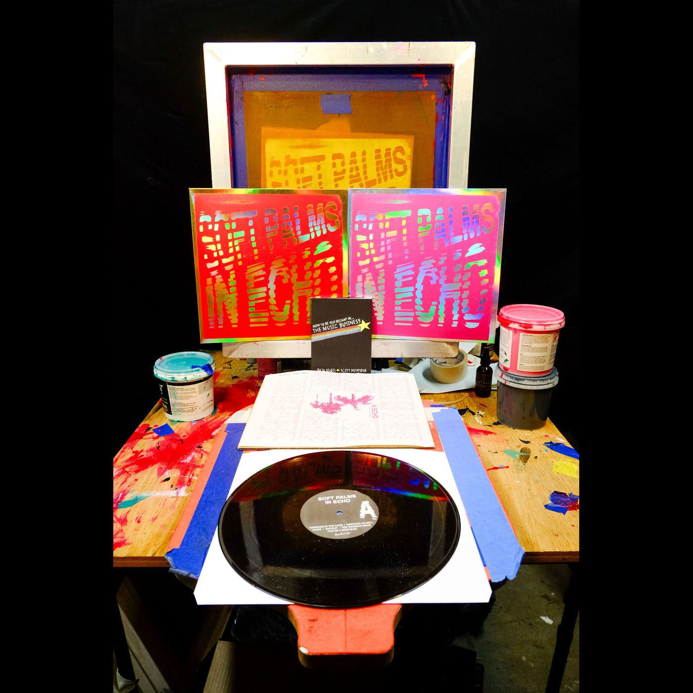 Soft Palms In Echo Limited Edition Serigraph LP Package - Blacklight Magenta on Gold Foil w/ Lyrics Sheet Insert & Copy of How To Be Self-Reliant In The Music Business Book (Copy)