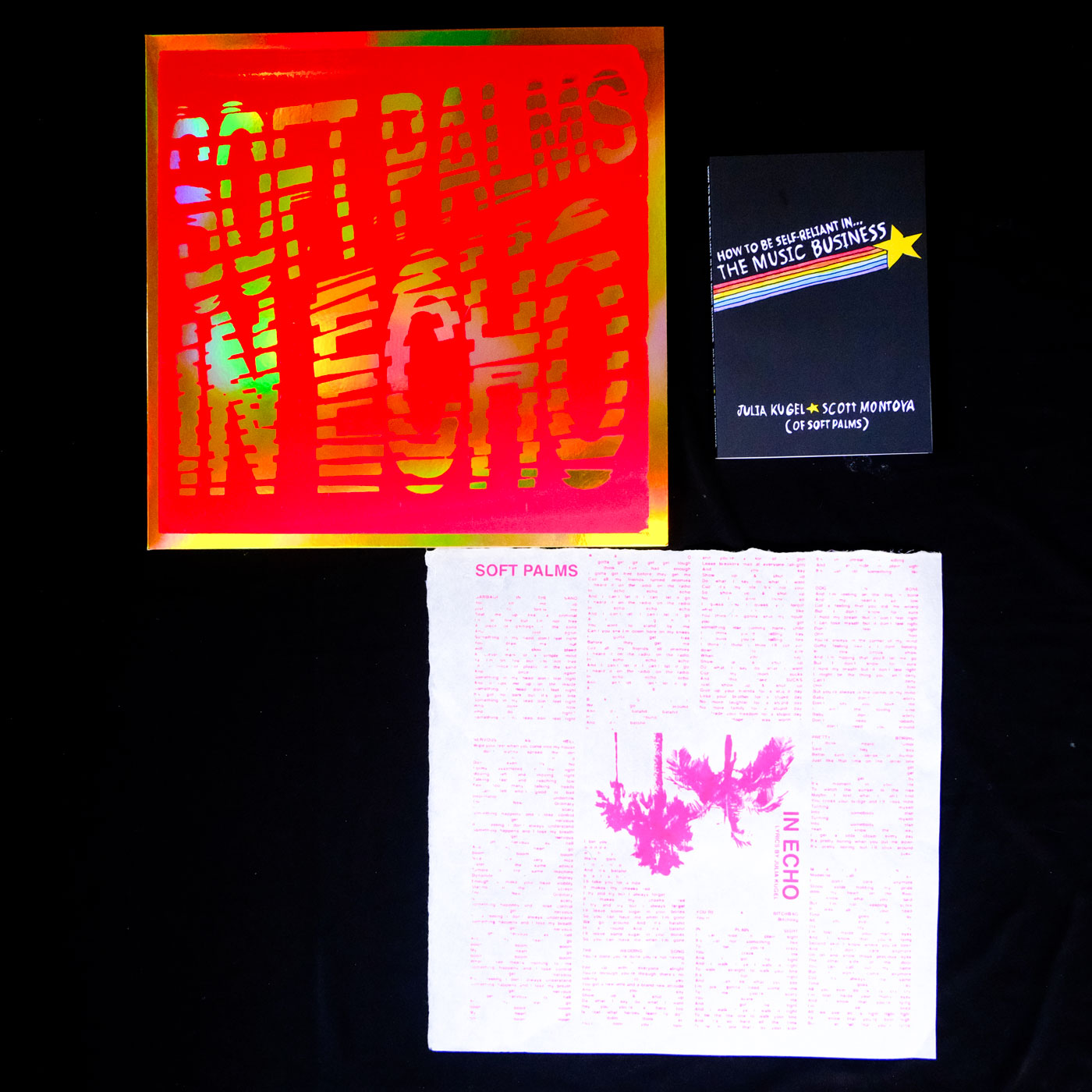 Soft Palms In Echo Limited Edition Serigraph LP Package - Blacklight Magenta on Gold Foil w/ Lyrics Sheet Insert & Copy of How To Be Self-Reliant In The Music Business Book (Copy)