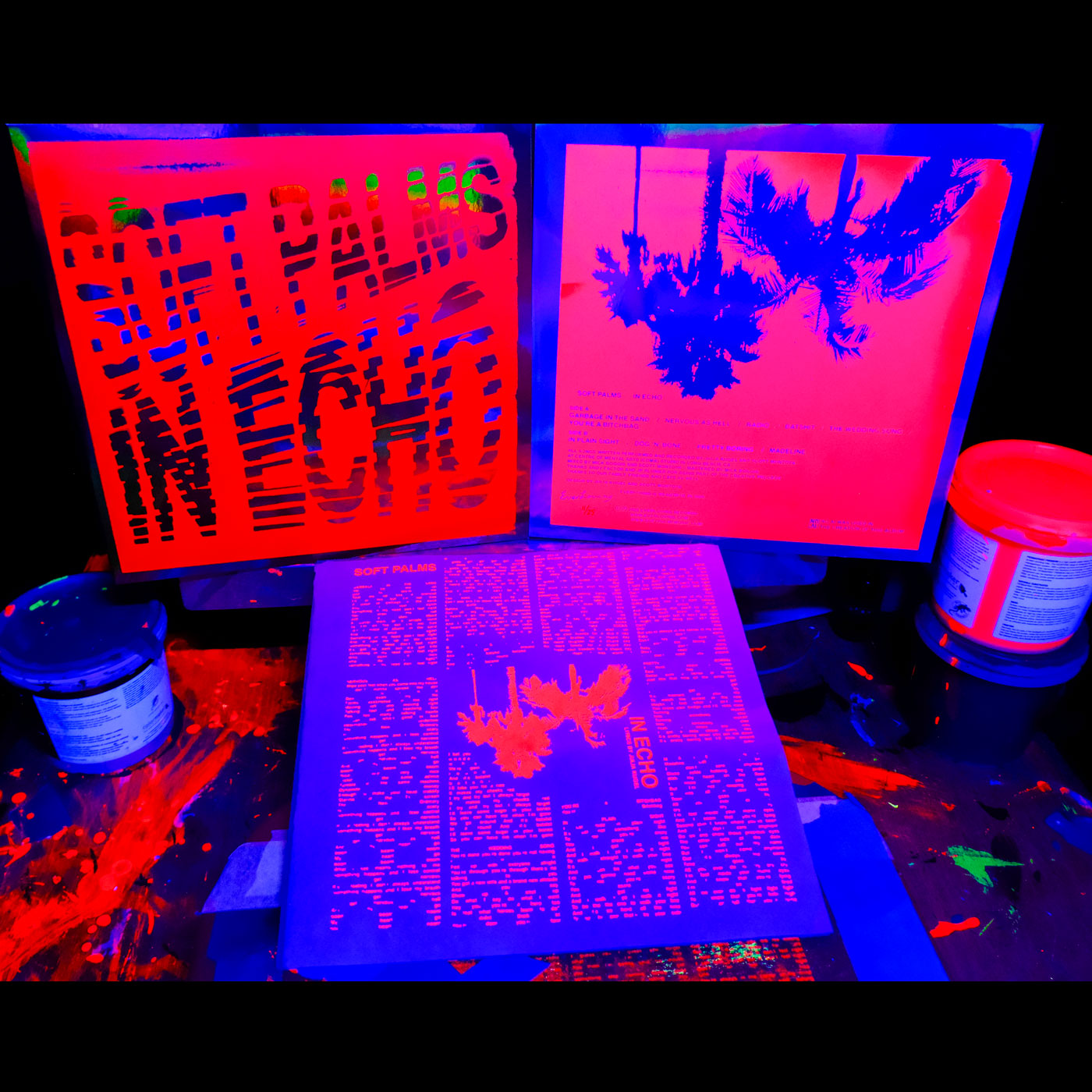 Soft Palms In Echo Limited Edition Serigraph LP Package - Blacklight Magenta on Silver Foil w/ Lyrics Sheet Insert & Copy of How To Be Self-Reliant In The Music Business Book